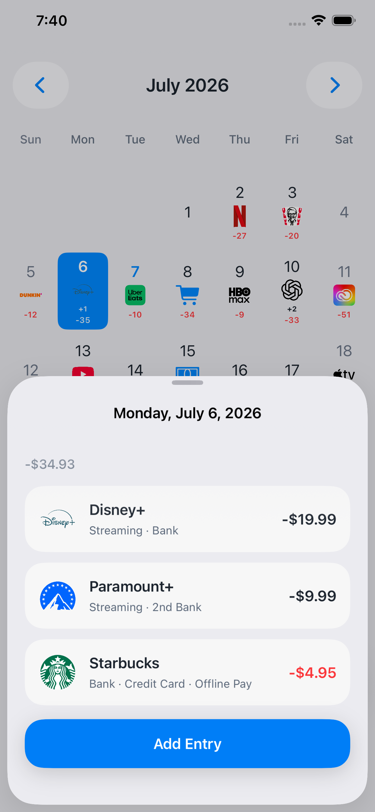 Kirocal daily entry sheet with multiple transactions