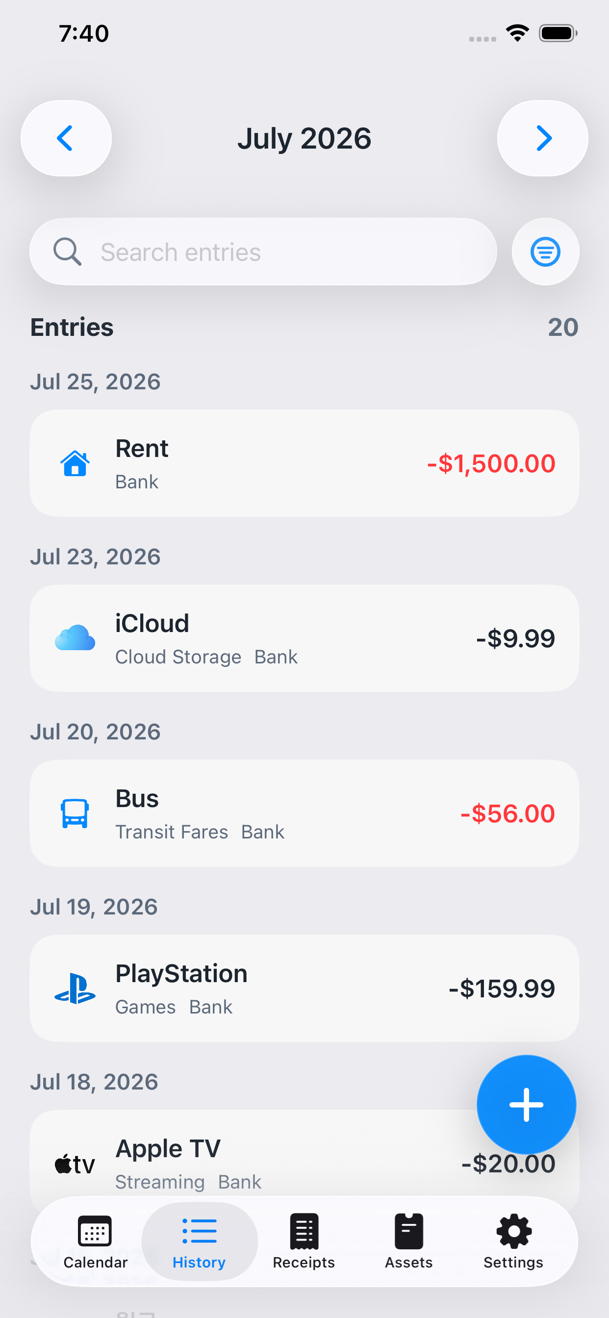 Kirocal transaction history screen with date-grouped entries
