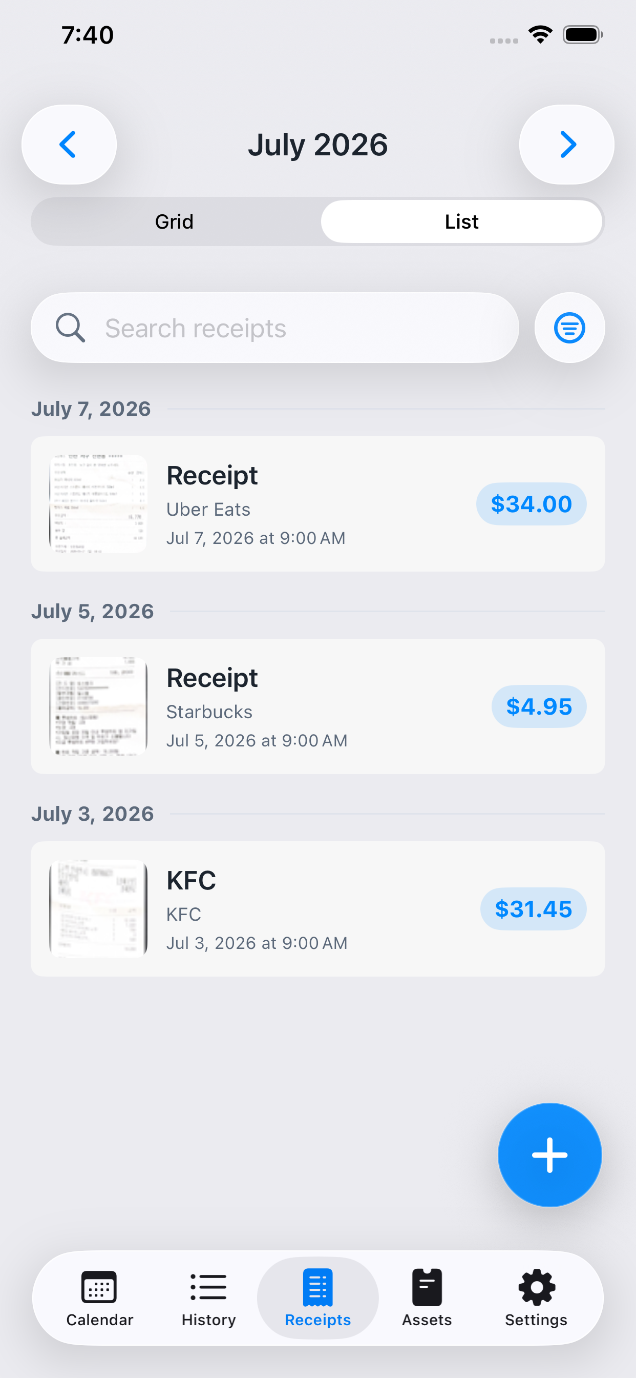 Kirocal receipt library with stored receipts