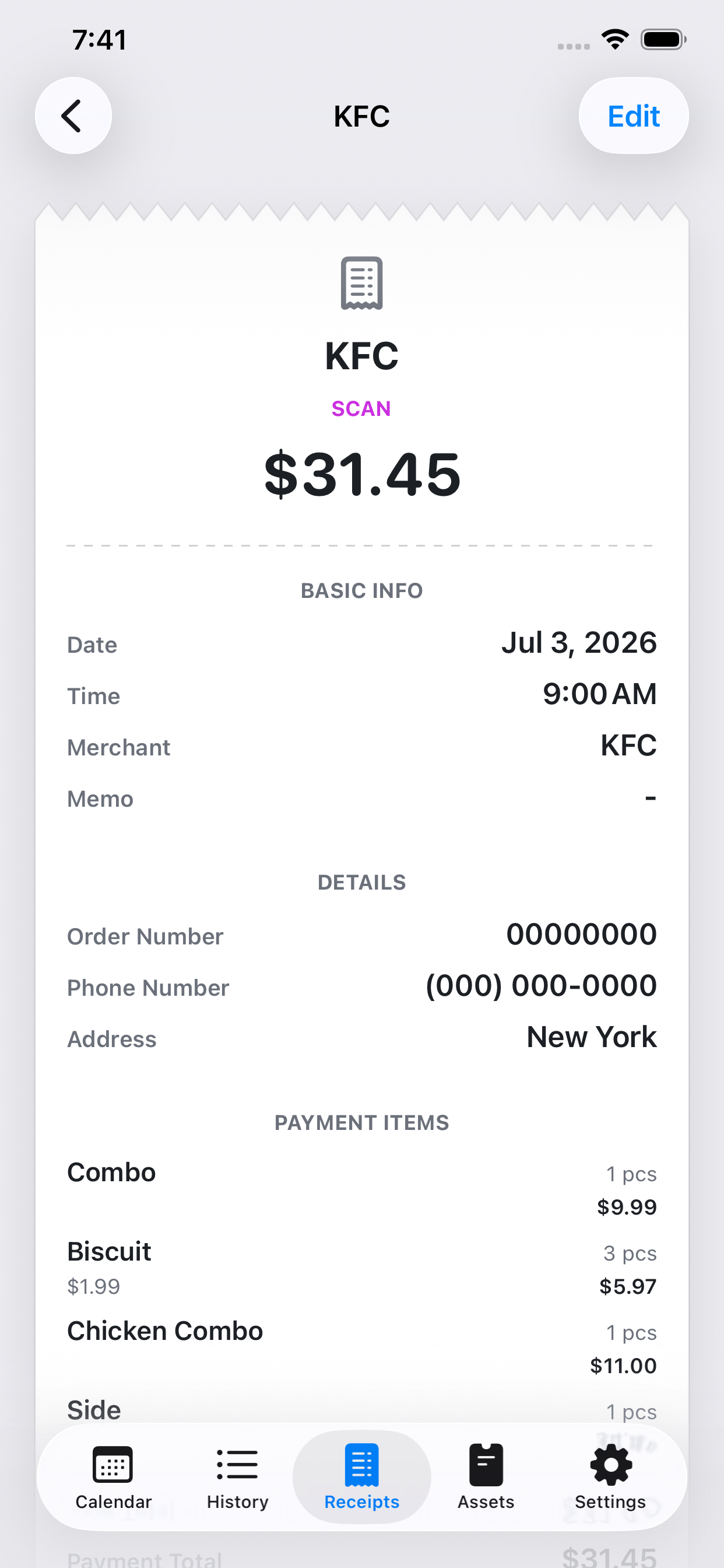 Kirocal structured virtual receipt detail for a KFC purchase