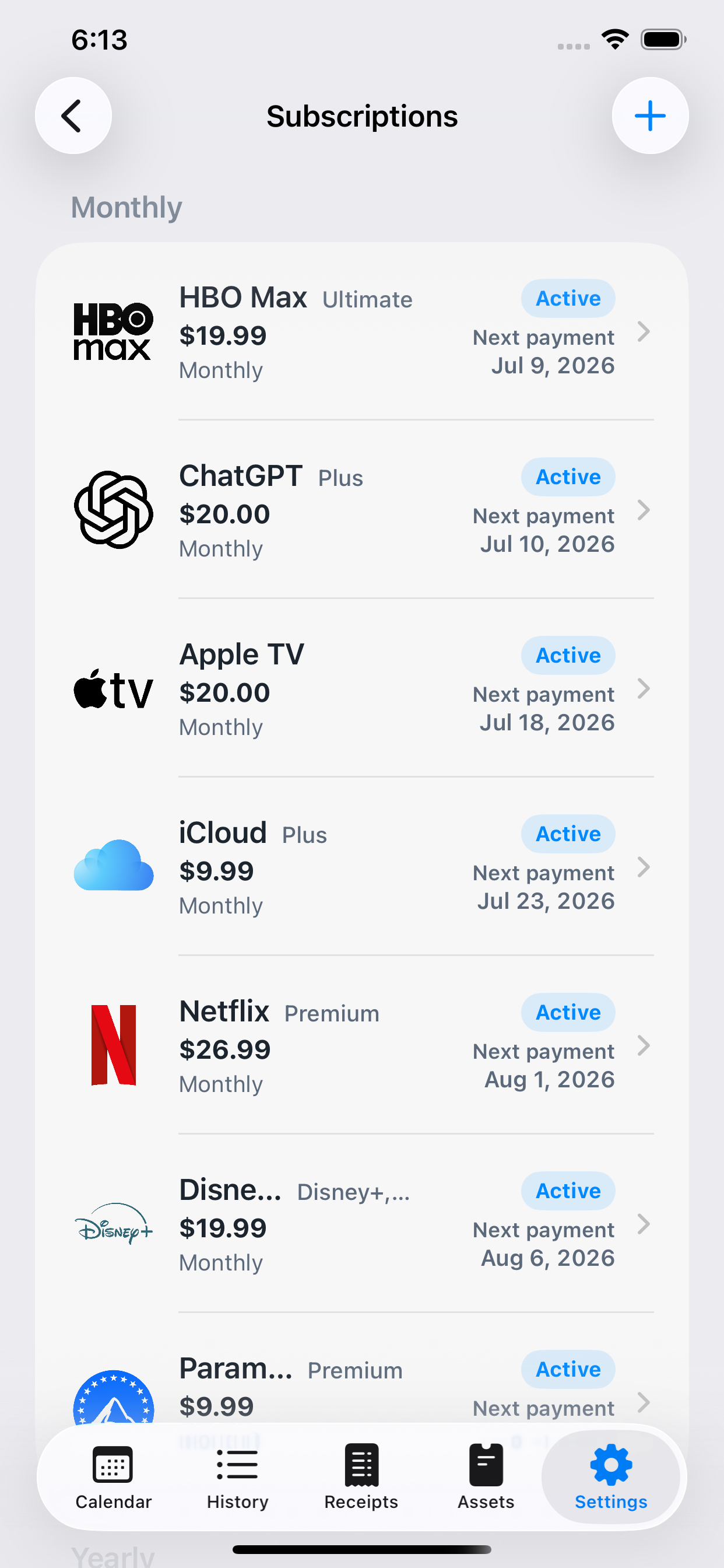 Kirocal subscriptions screen showing monthly and yearly services