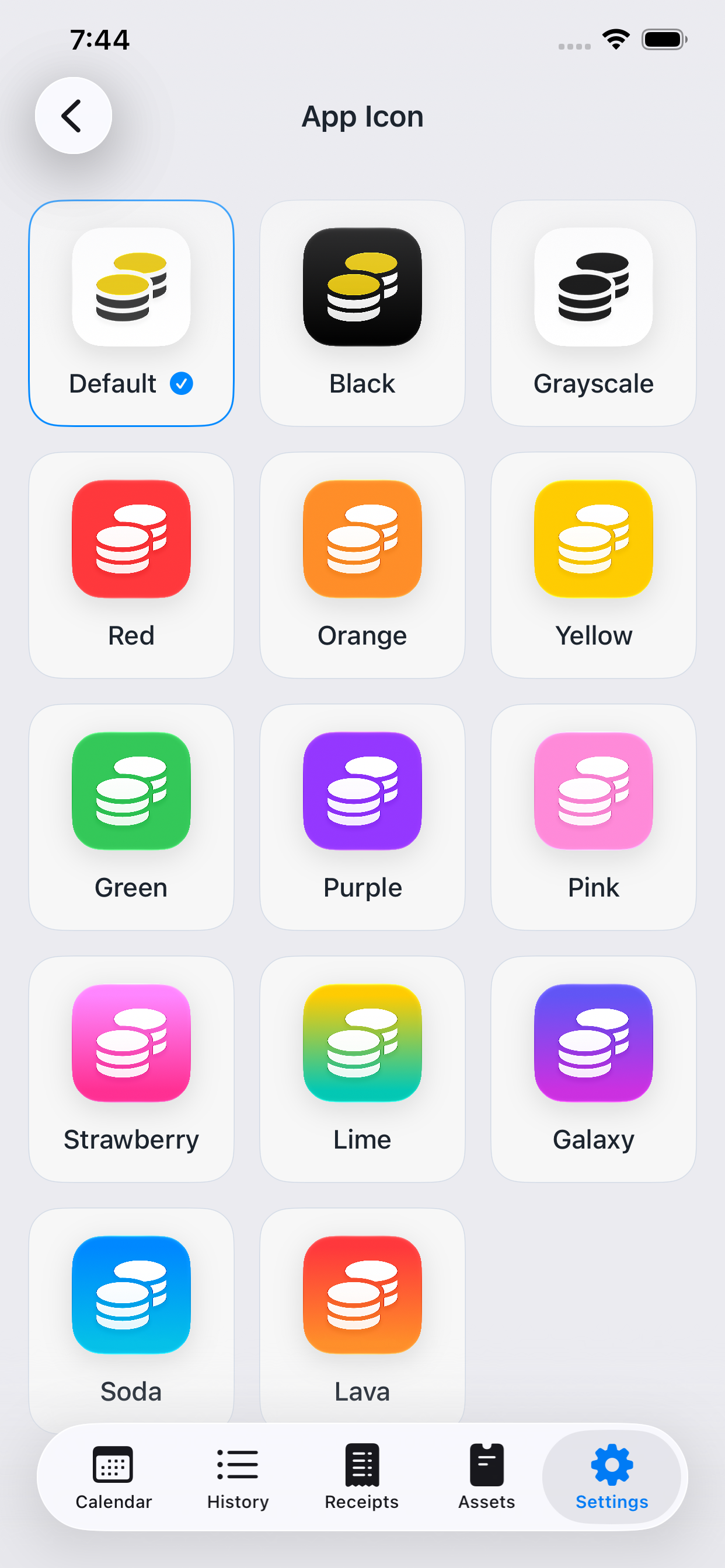 Kirocal app icon picker with multiple color and style options